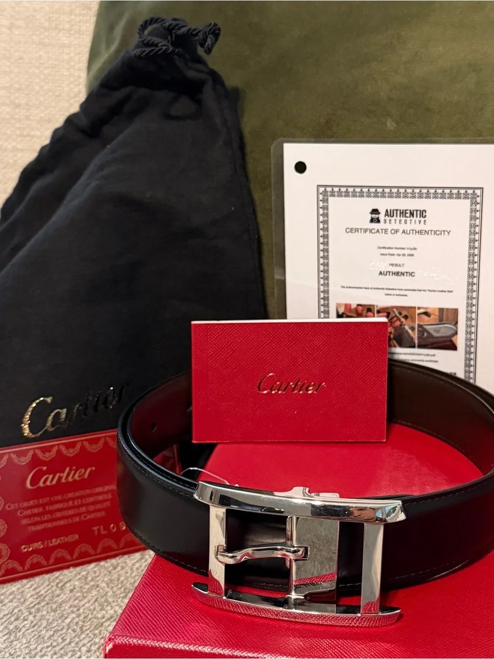 Cartier Men's Black Leather Belt with Silver H Buckle and Red Box